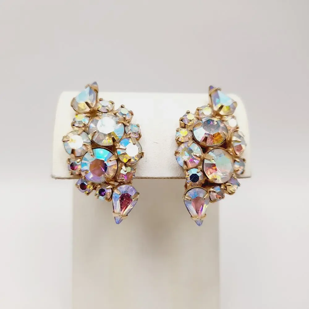 Vintage 1960s Aurora Borealis Rhinestone Clip Earrings Gold Tone